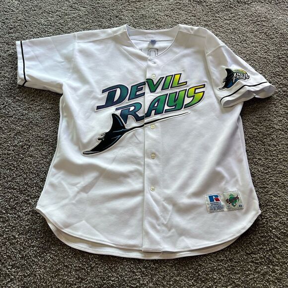 VTG Tampa Bay Devil Rays Baldelli Russell Diamond Collection Jersey White Sz 48 - Picture 1 of 10